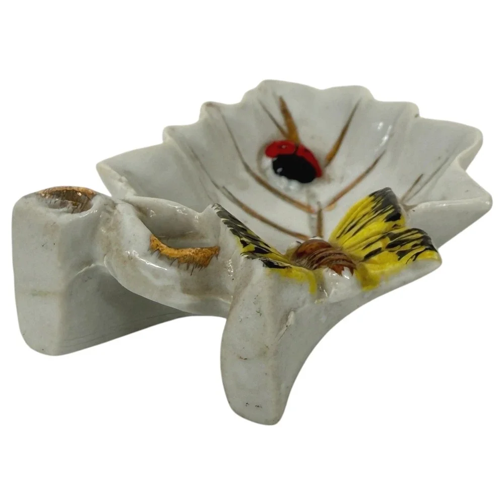 Teabag Holder Trinket Dish Ceramic White Butterfly Ladybug Leaf Japan Small